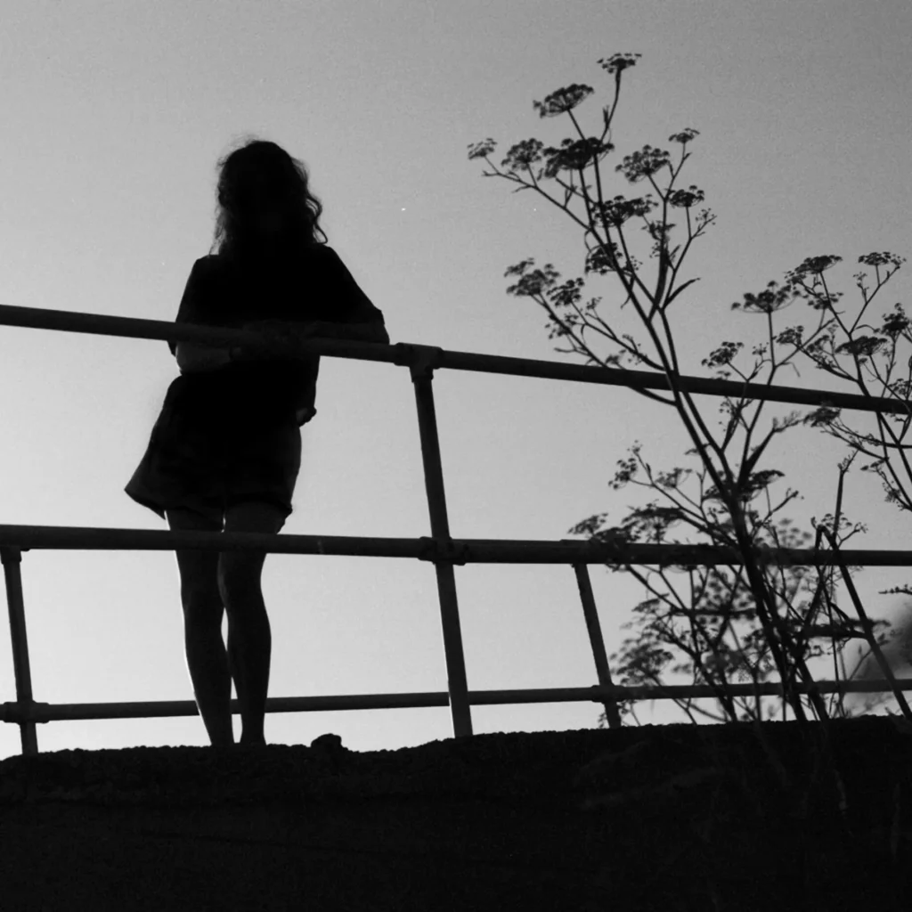 Album artwork for the single 'Bliss' by Anwei Huss. A black and white photograph showing a silhouetted person leaning on a fence next to a plant