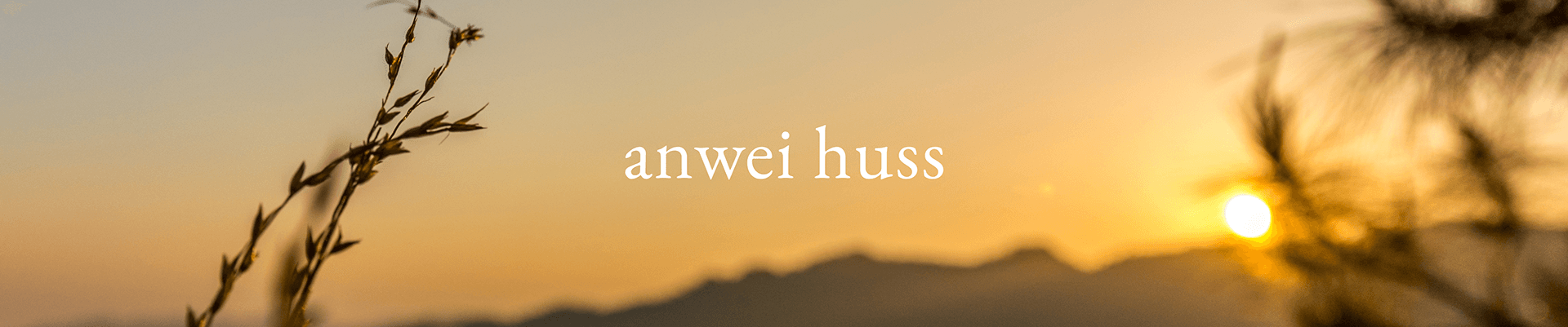 A shallow cropped header image shows a sunset over hills in the background, with shrubbery and plants in the foreground, with white text in the centre of the banner that reads 'Anwei Huss'.